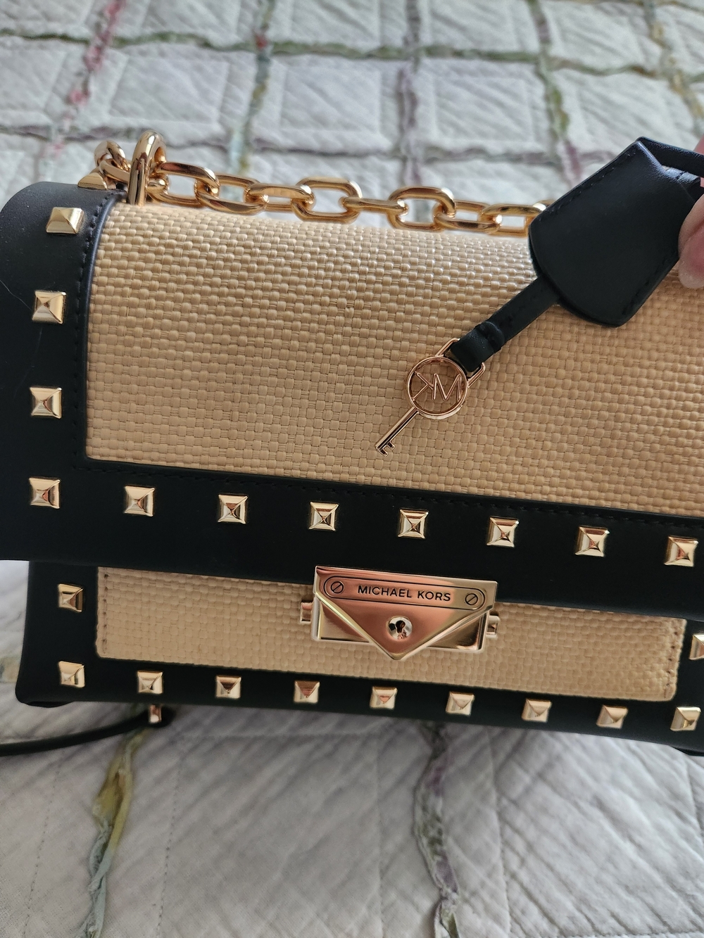 BN Michael Kors Black and Beige Studded Chain Shoulder Bag - Picture 5 of 8